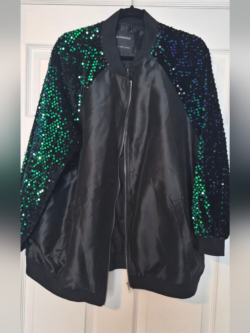 BloomChic Black Bomber Jacket with Green-Blue Sequin Sleeves